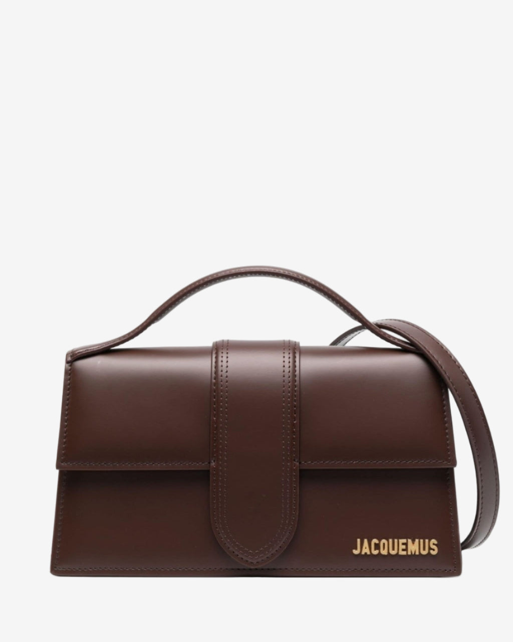 Brown leather handbag with 'Jacquemus' branding on a white background
