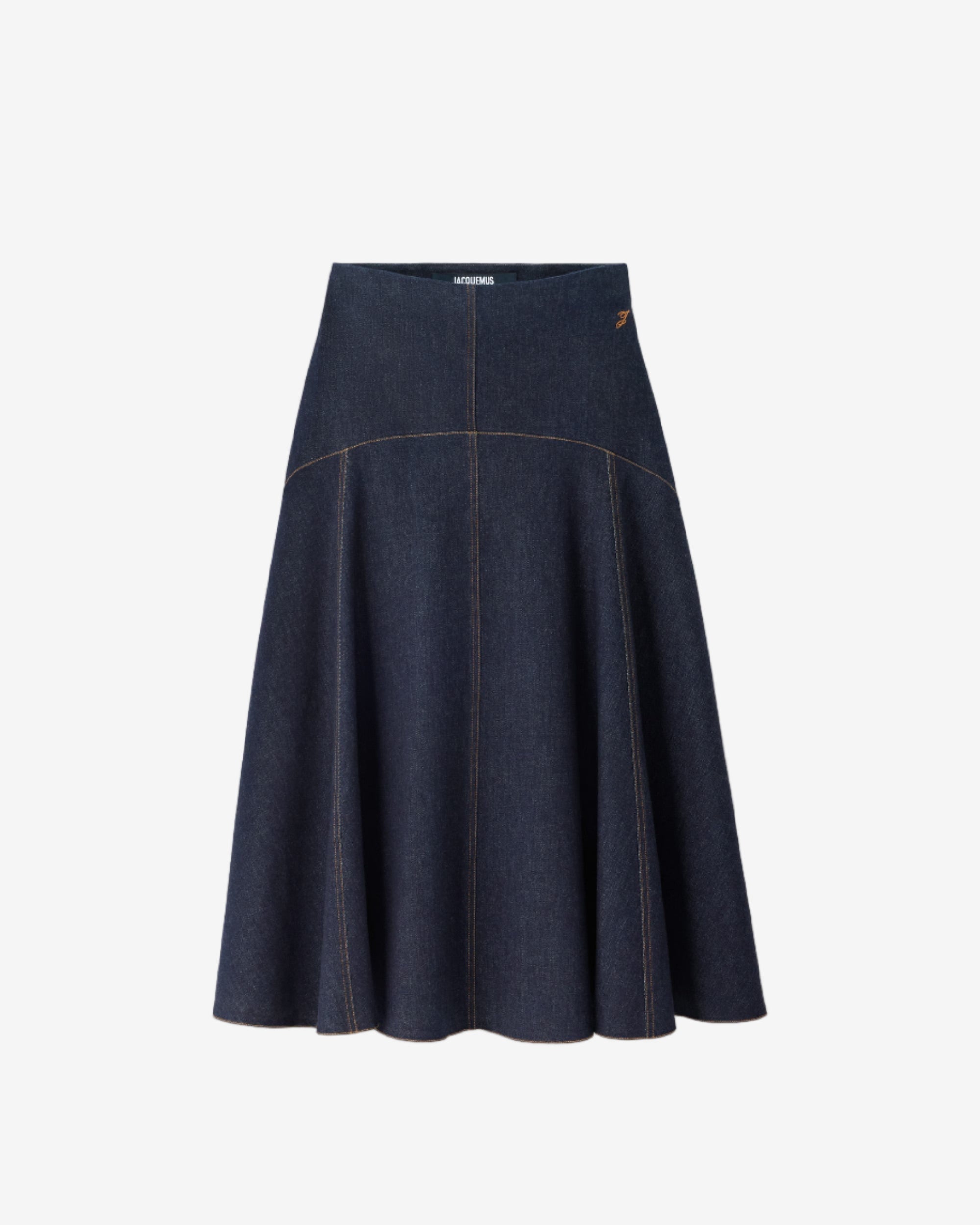 Dark blue denim skirt on a light gray background