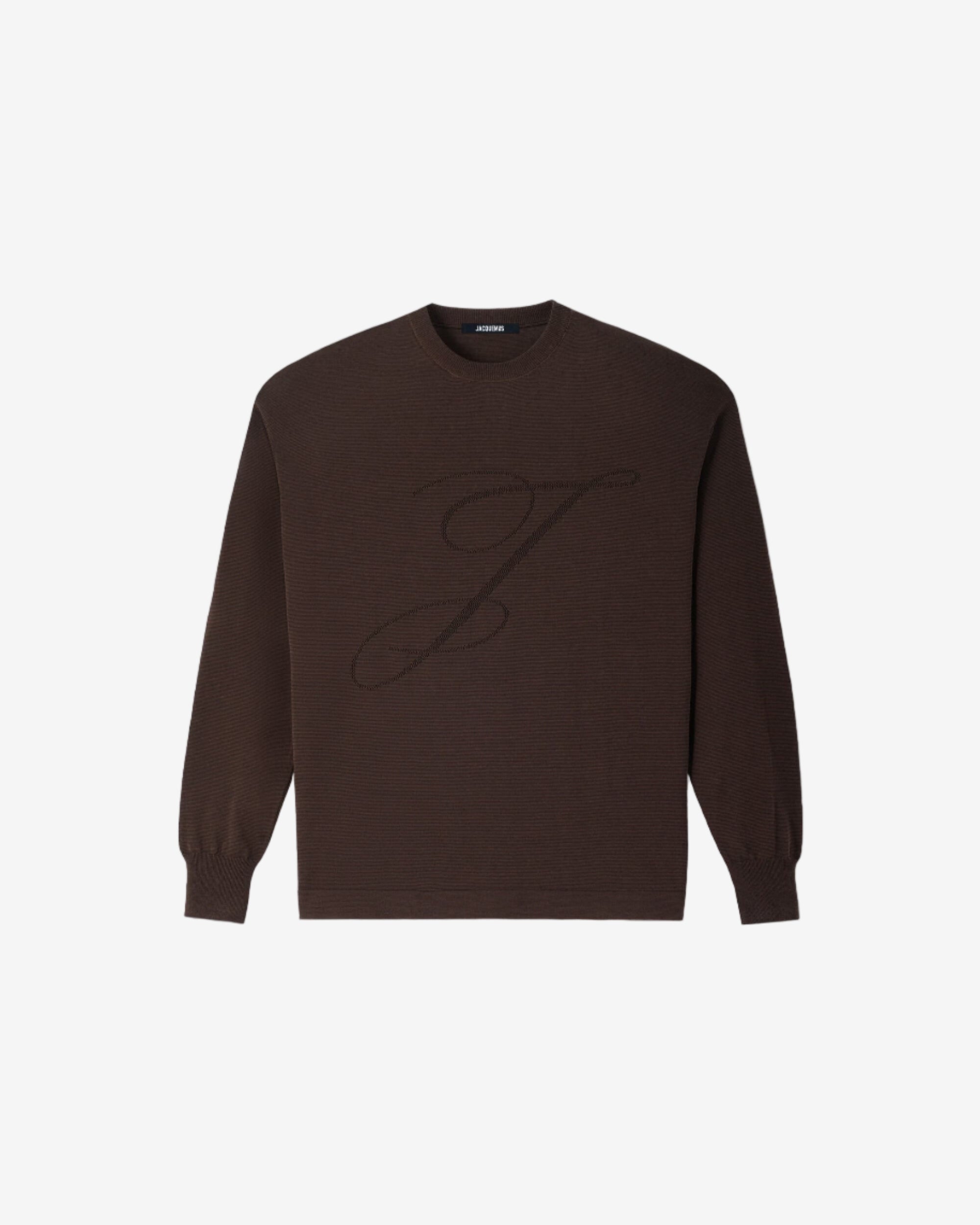 Brown sweater with a logo on a light gray background