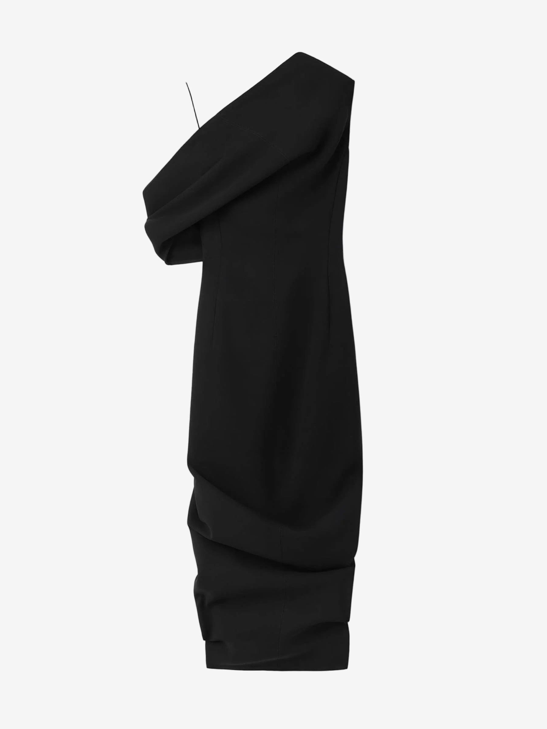 Black one-shoulder dress on a white background