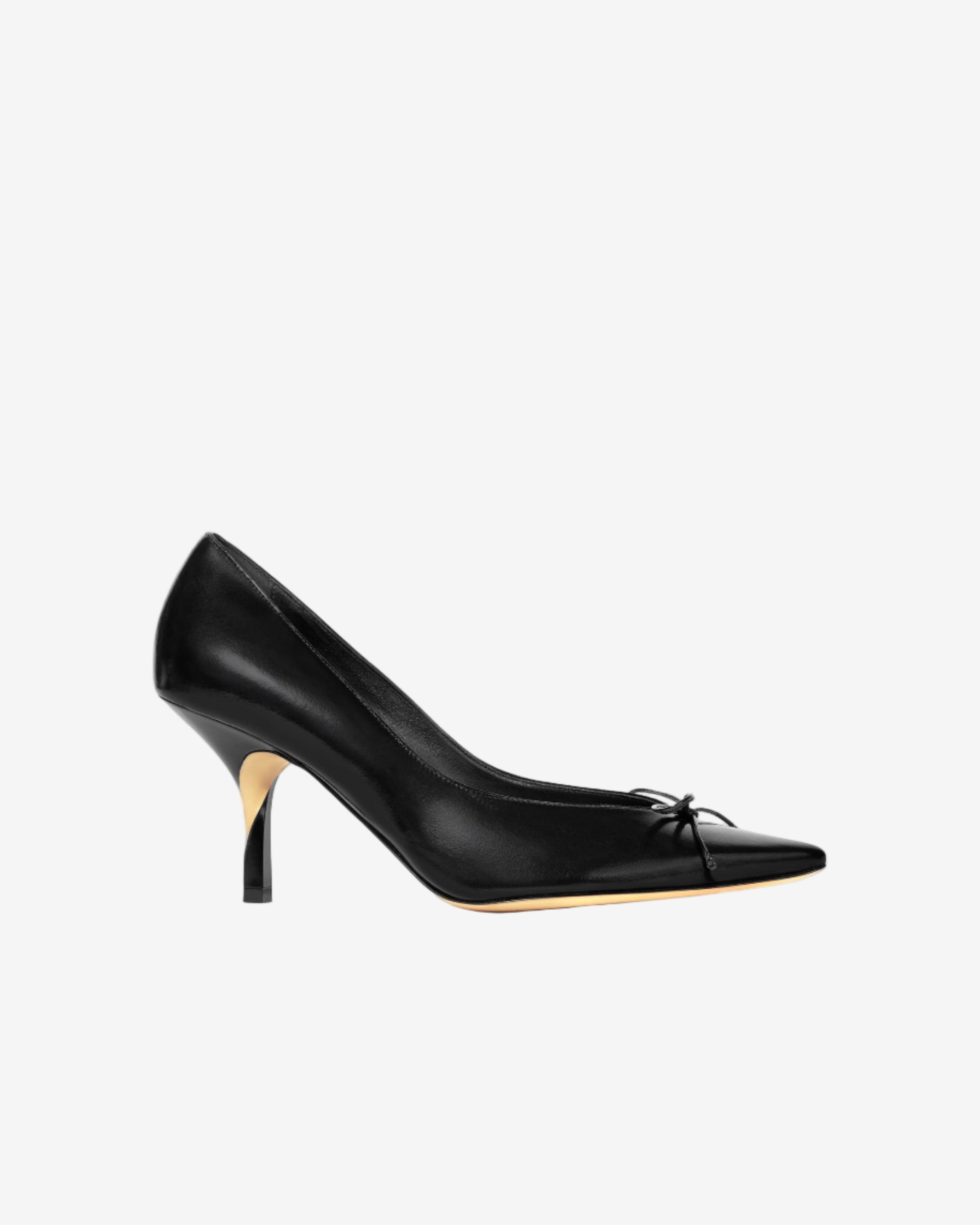 Black high-heeled shoe with a bow on a white background