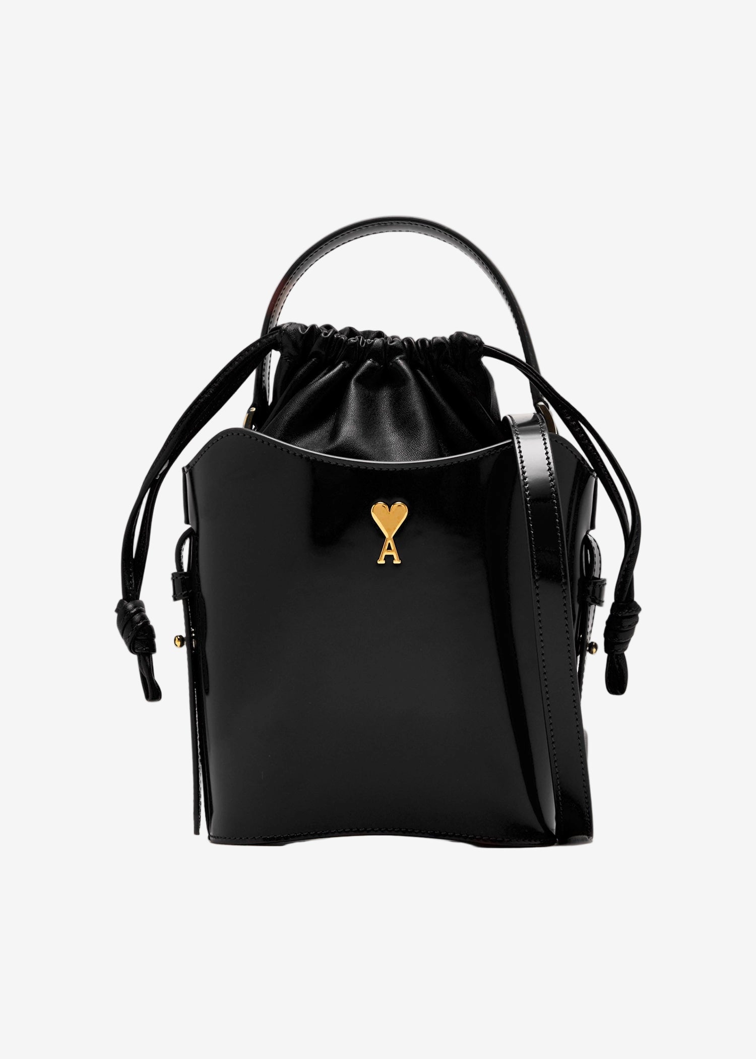 Black drawstring bag with a heart-shaped key emblem on a white background