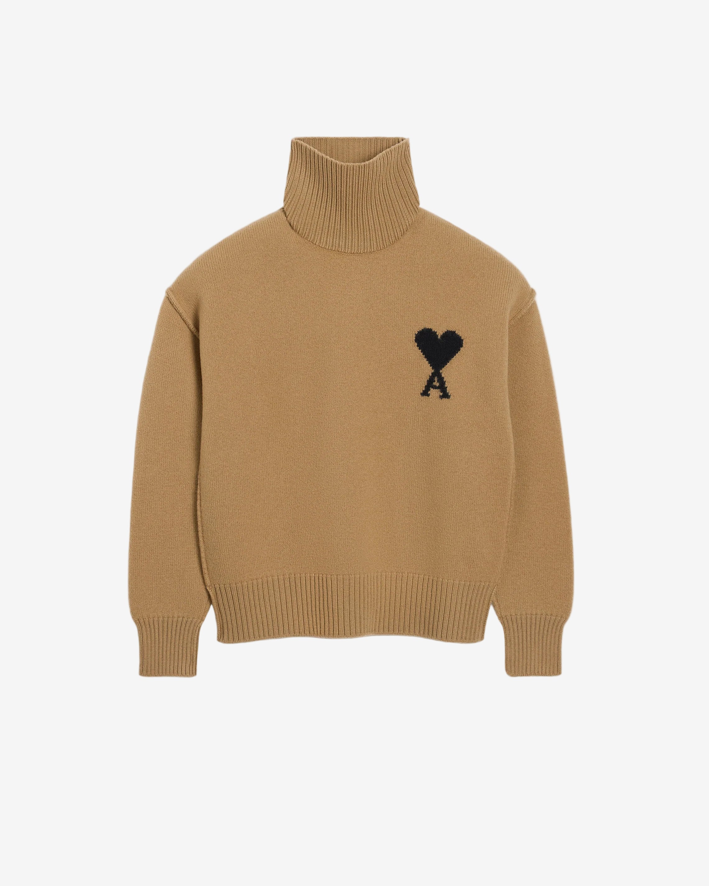 Beige turtleneck sweater with black heart and letter 'A' design on a beige background