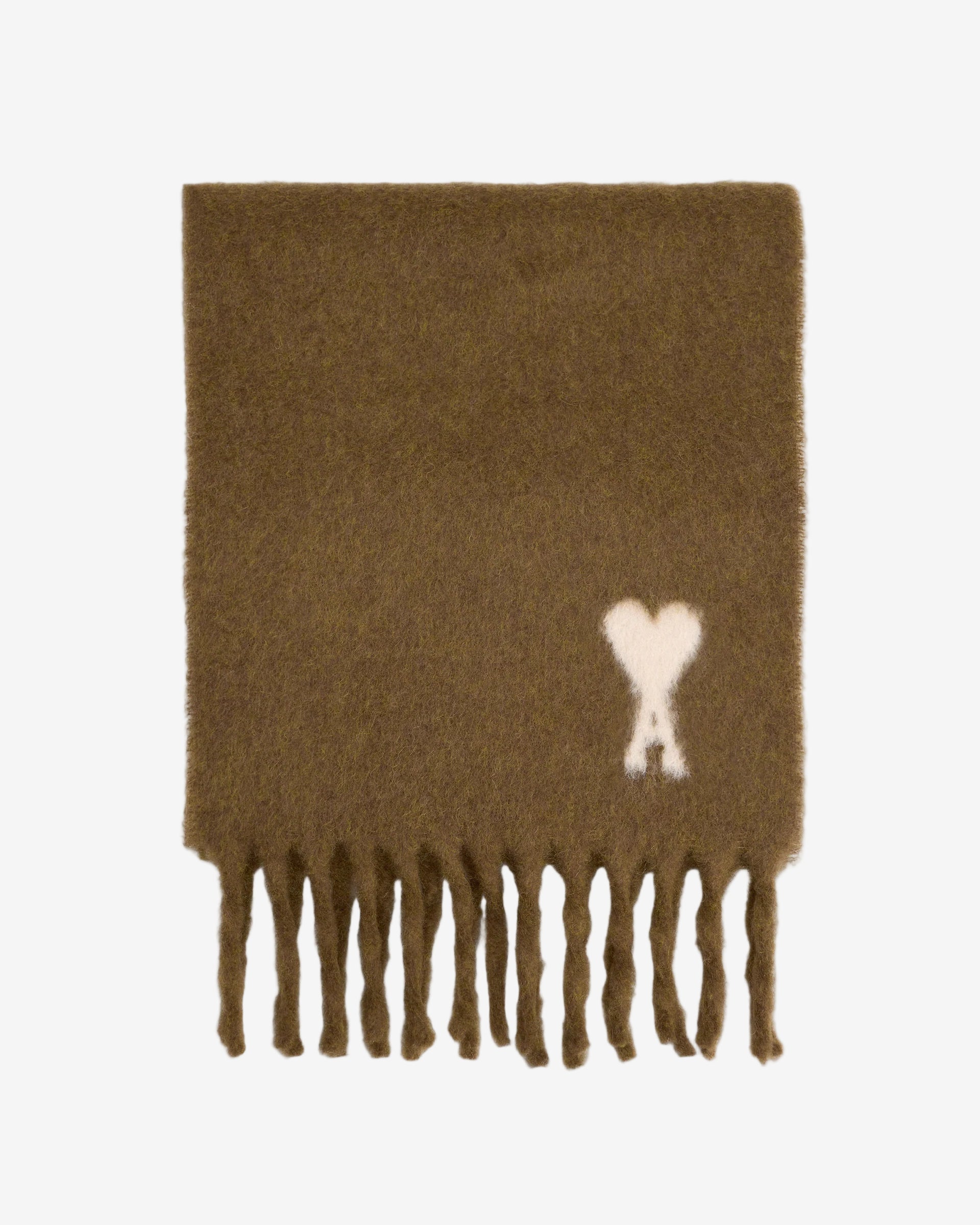 Brown scarf with a white heart design on a beige background ami paris
