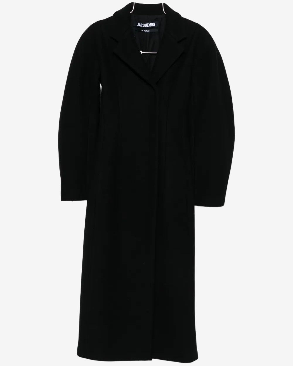 Black coat with 'Jil Sander' label on a white background