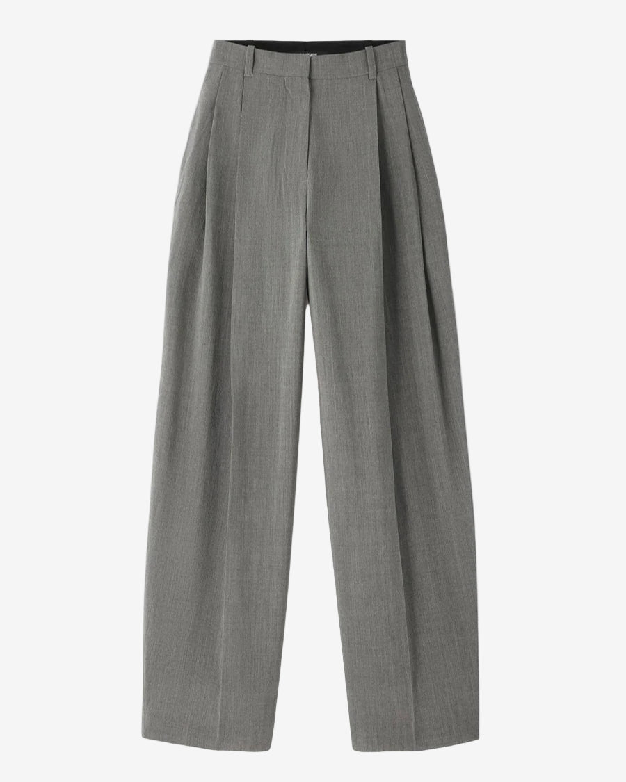 Gray pleated pants on a white background