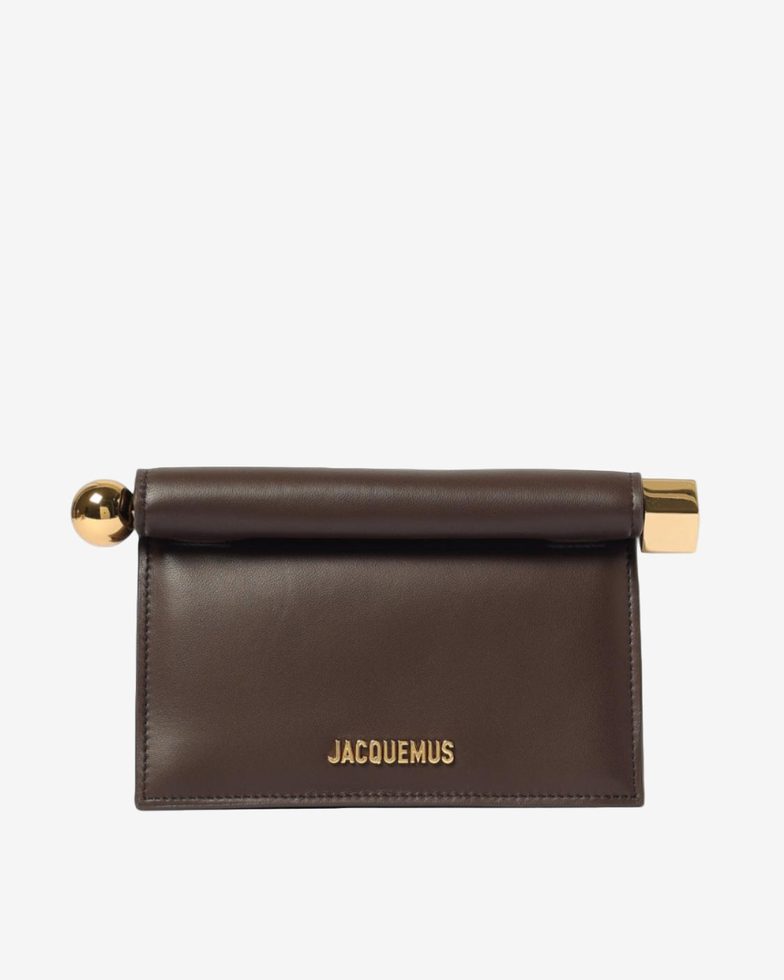 Brown leather clutch with gold accents and 'Jacquemus' branding on a white background