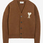 Brown cardigan with a heart and letter 'A' design on a white background ami paris