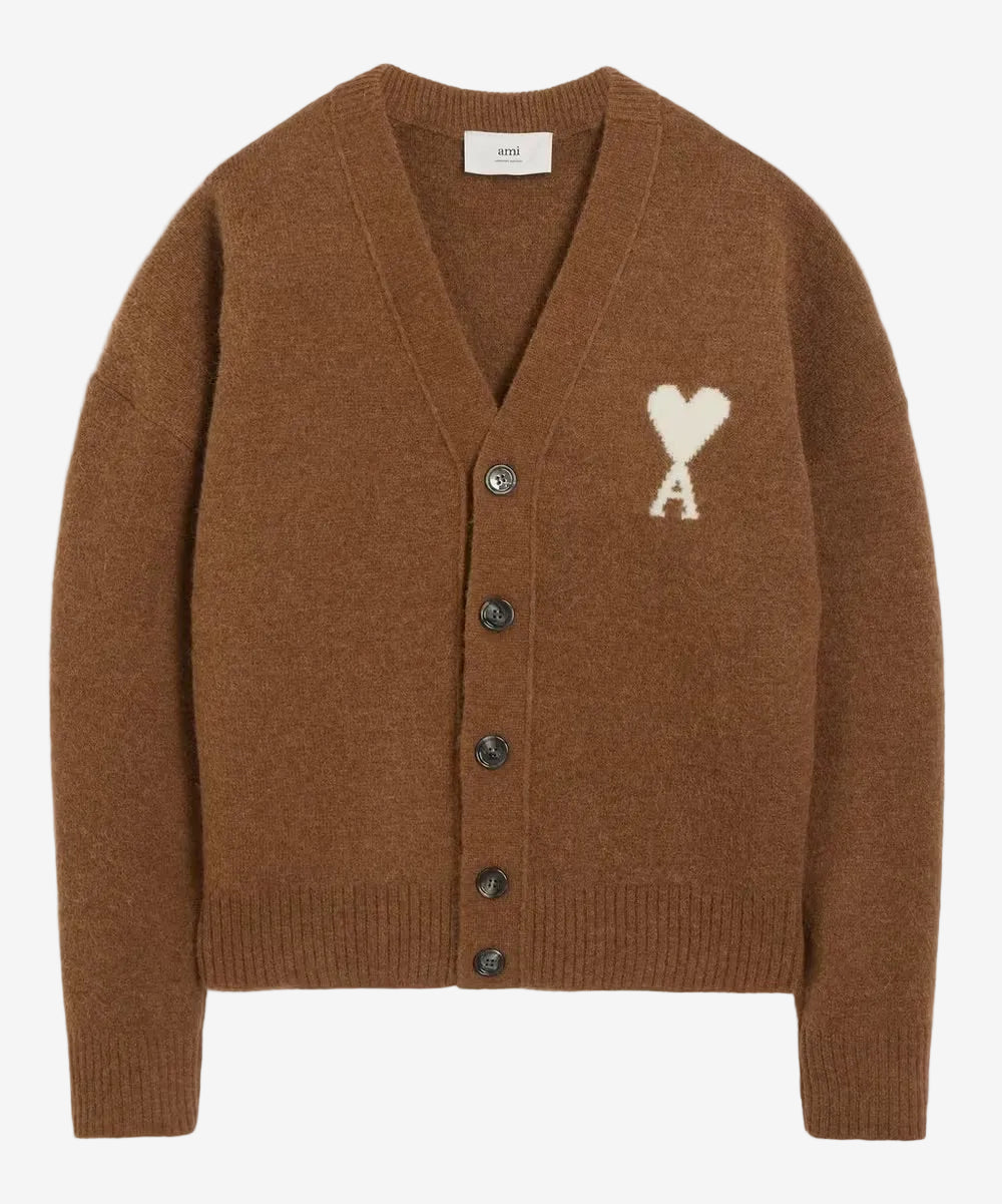 Brown cardigan with a heart and letter 'A' design on a white background ami paris
