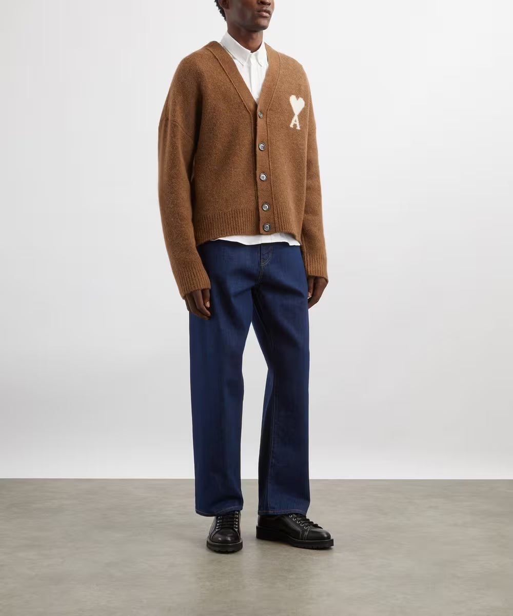 Brown cardigan with a heart and letter 'A' design on a white background ami paris