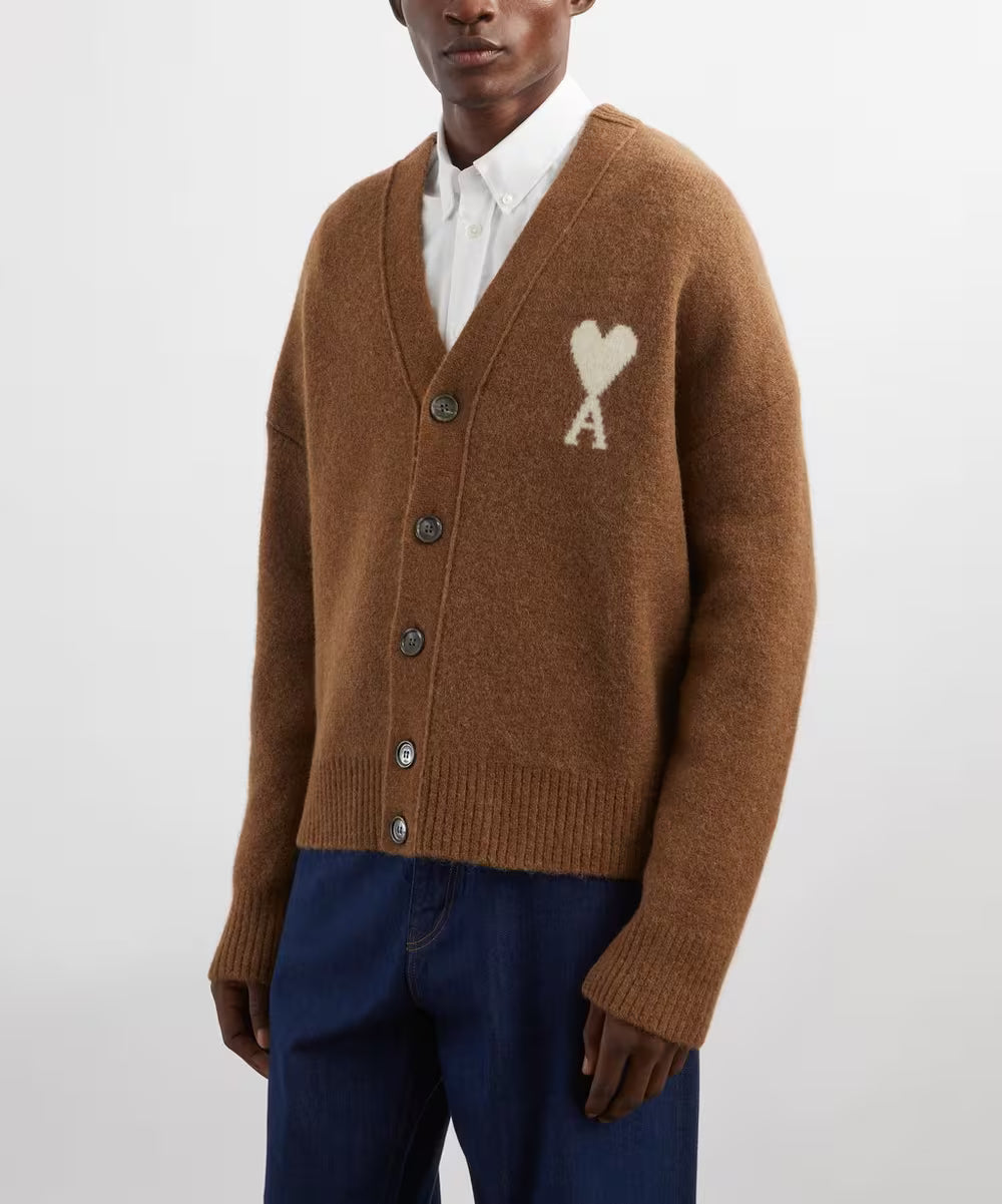 Brown cardigan with a heart and letter 'A' design on a white background ami paris