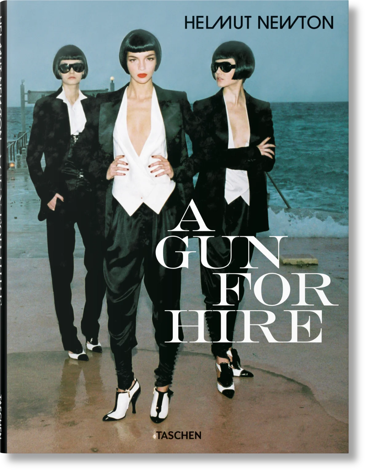 Book cover of 'A Gun for Hire' by Helmut Newton featuring three women in stylish outfits.