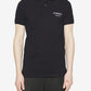 Man wearing a black polo shirt with a brand logo on a white background