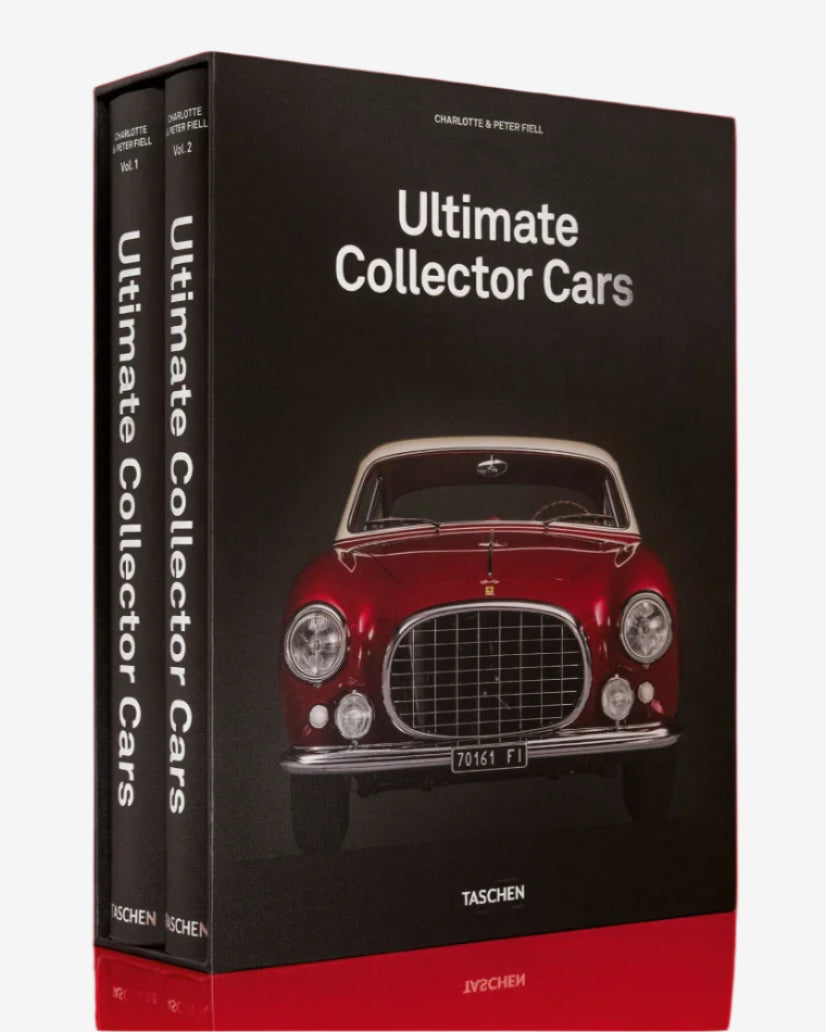 Book titled 'Ultimate Collector Cars' with a red car illustration on a black cover against a red background.