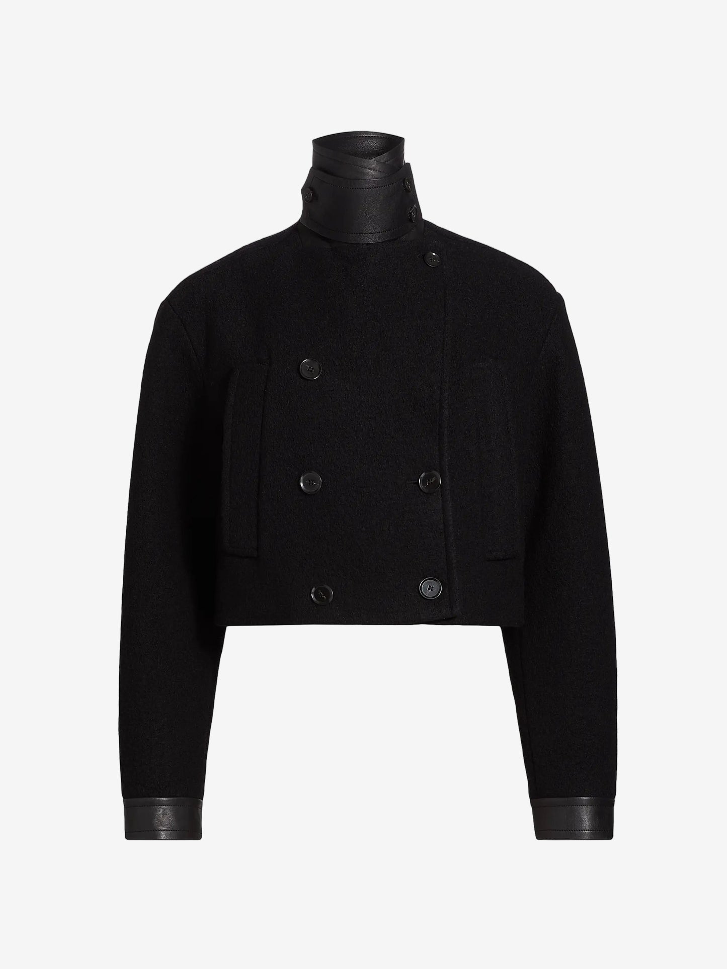 Black jacket with leather trim on a white background