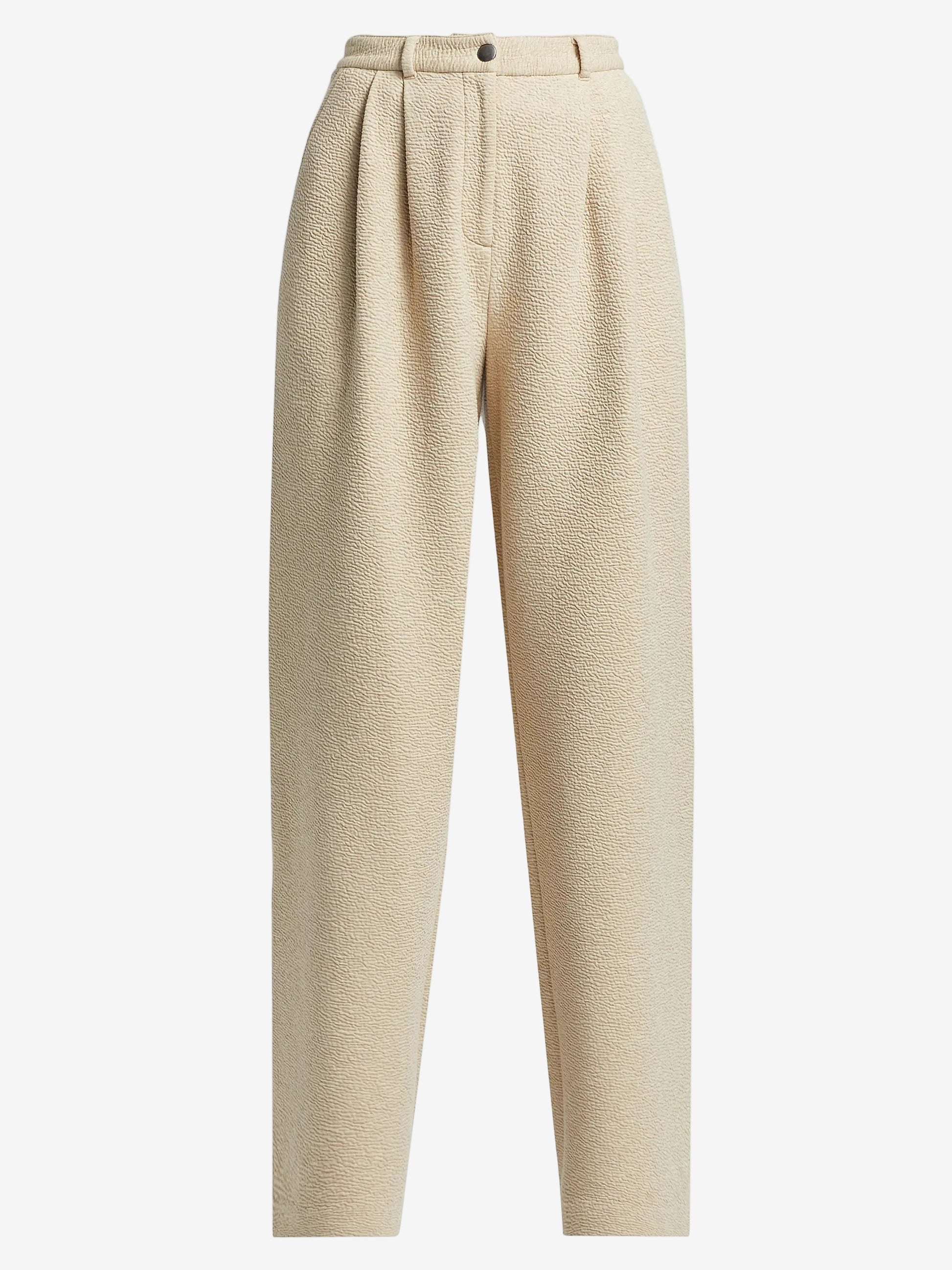 Beige pleated pants on a white background