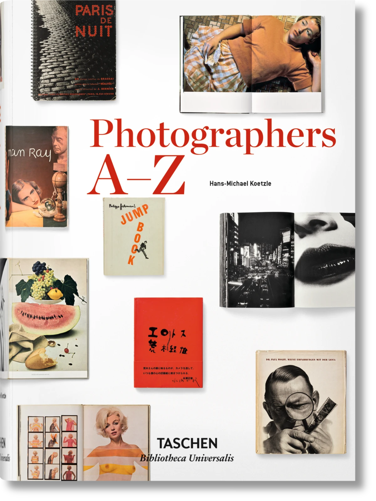Book cover of 'Photographers A-Z' by Taschen with various book images and text.