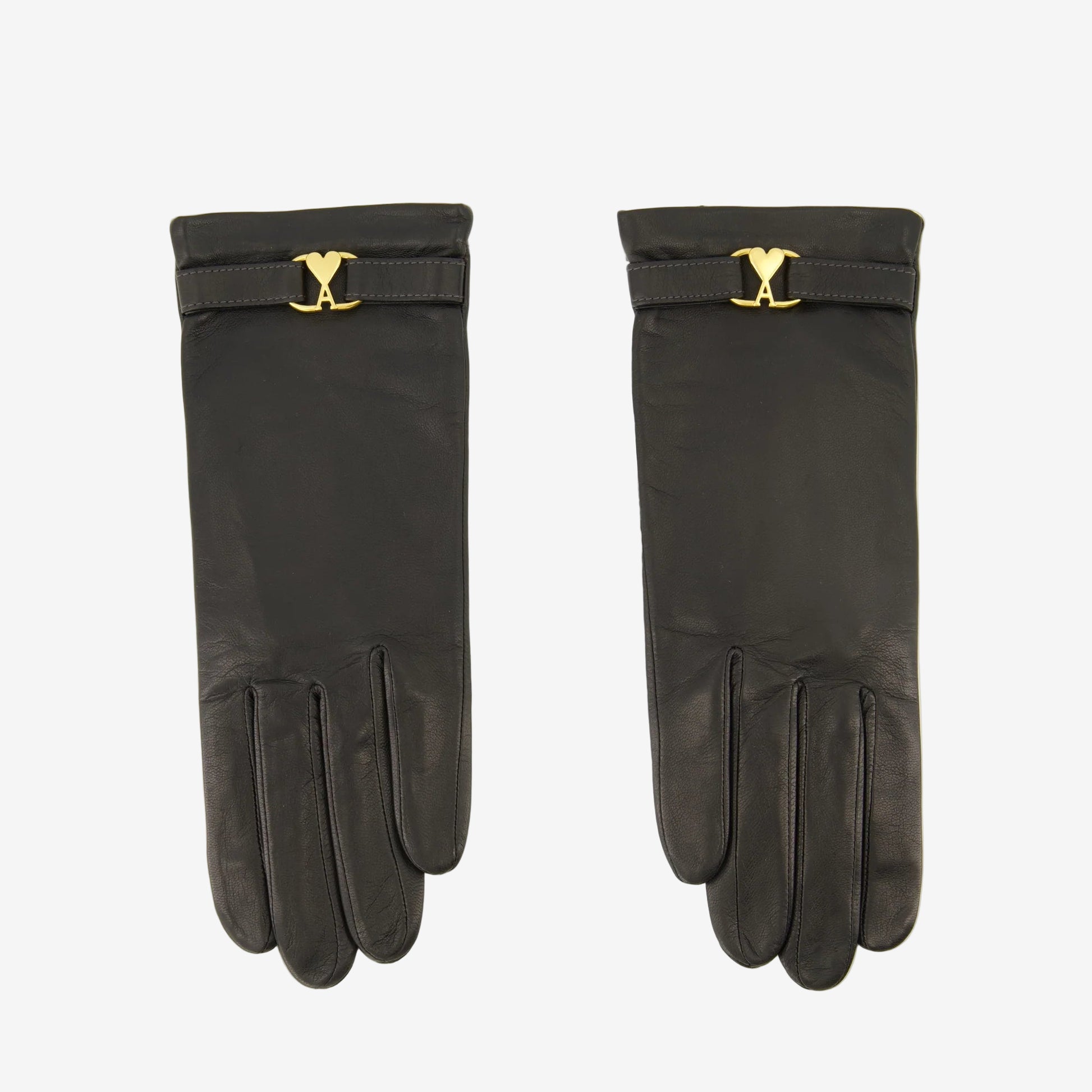 Pair of black gloves with gold logo on a white background AMI PARIS
