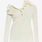 Cream-colored one-shoulder jacket with gold buttons on a white background