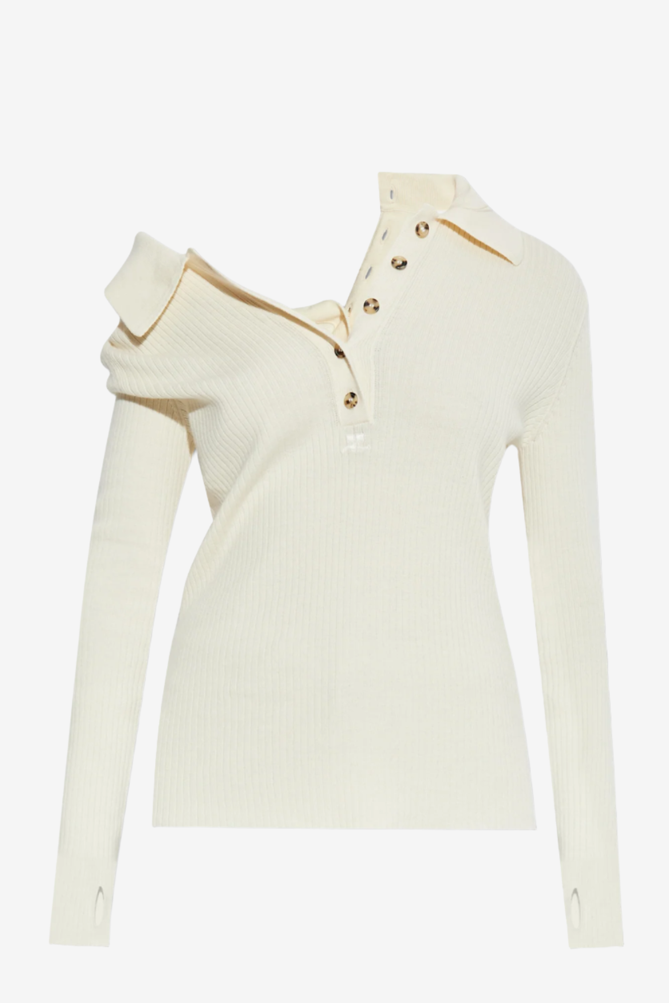 Cream-colored one-shoulder jacket with gold buttons on a white background