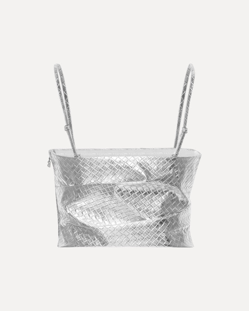 Silver mesh handbag on a white background