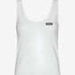 White tank top with a small black logo on a white background