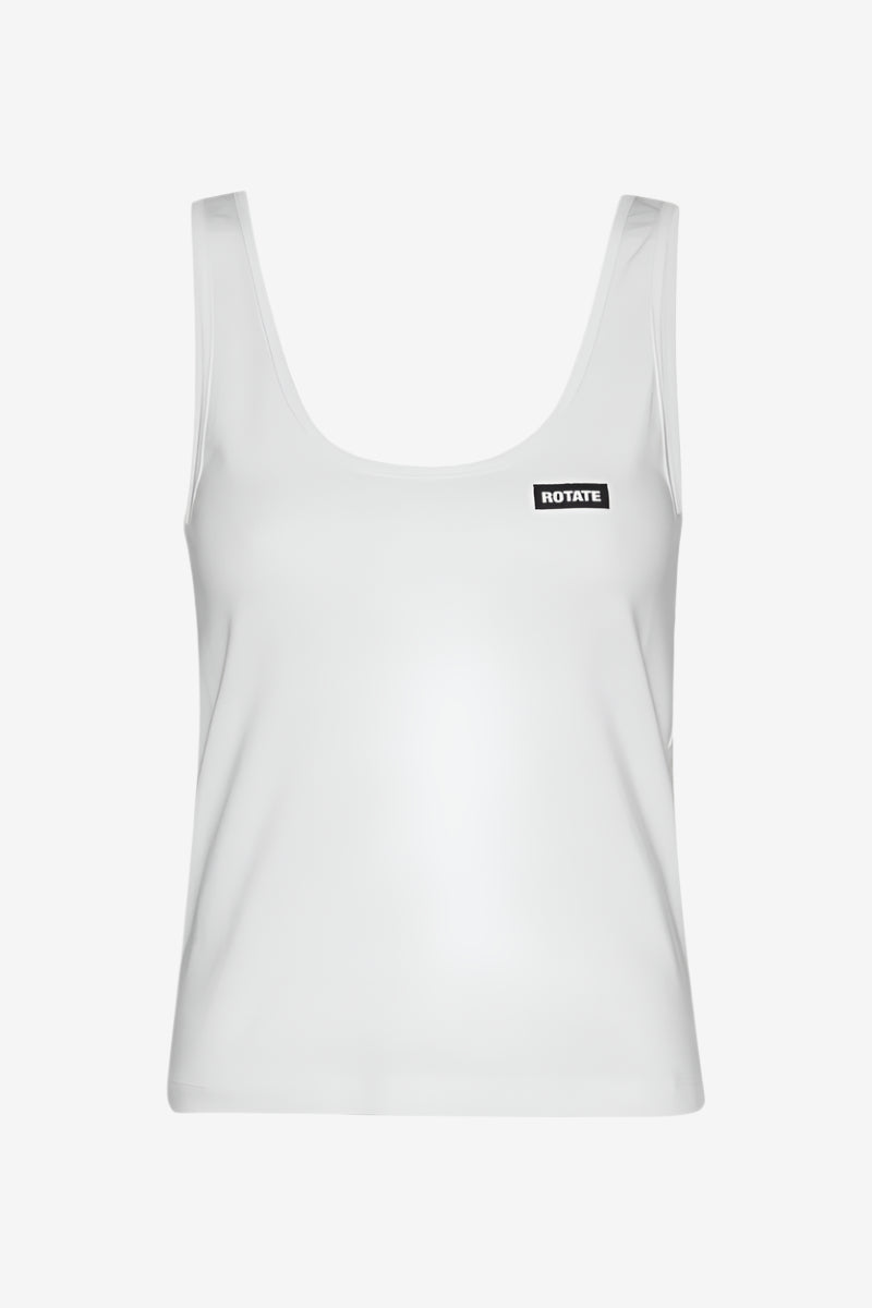 White tank top with a small black logo on a white background