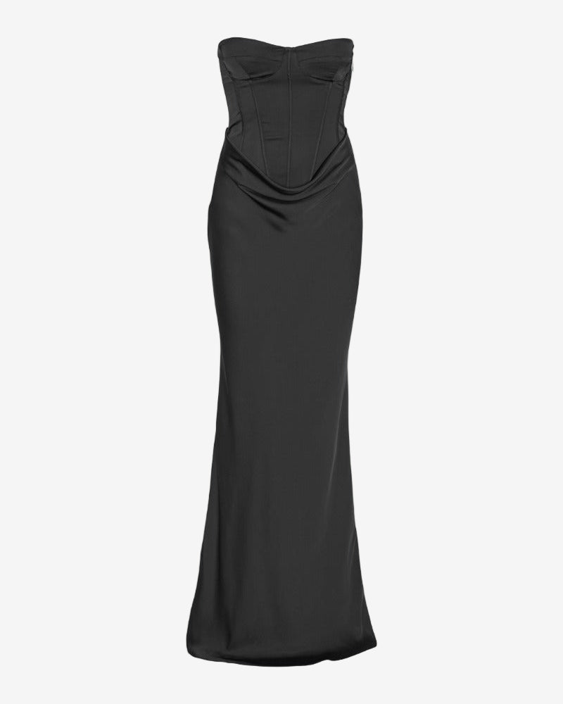 Black strapless gown on a white background