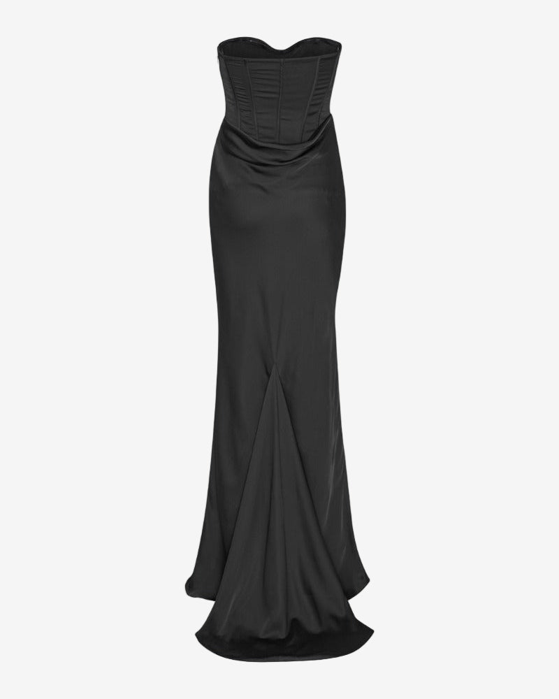 Black strapless gown on a white background