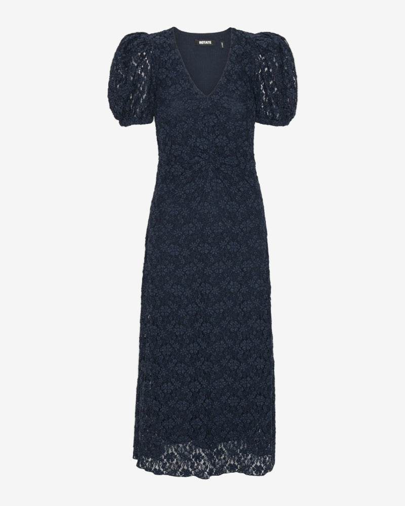 Navy lace dress with puff sleeves on a white background