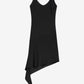Black sleeveless dress with an asymmetrical hem on a white background