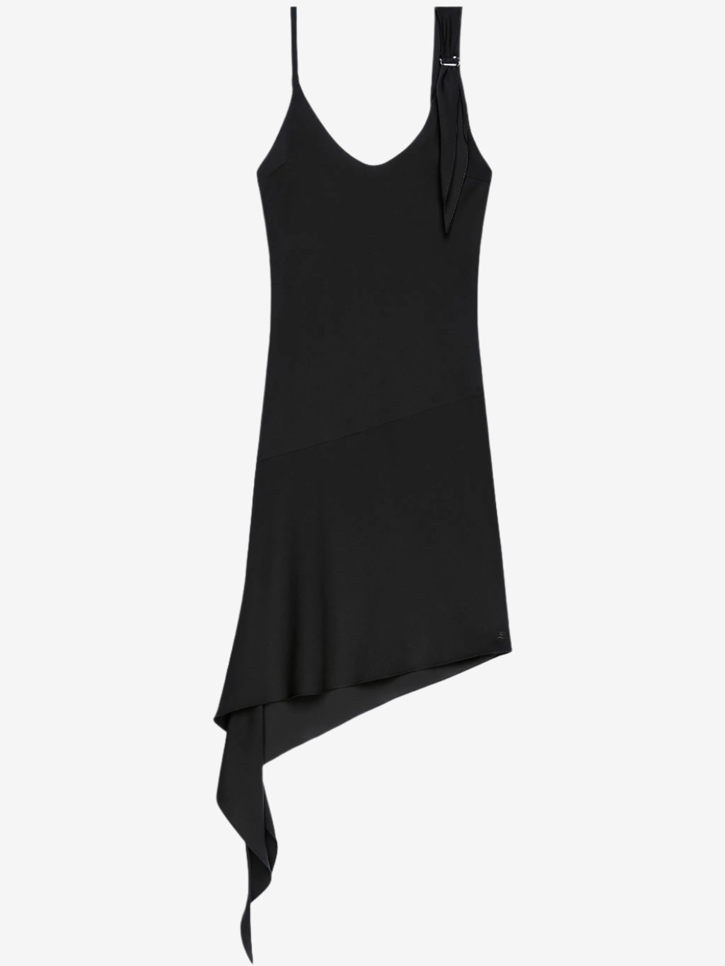 Black sleeveless dress with an asymmetrical hem on a white background