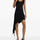 Black sleeveless dress with an asymmetrical hem on a white background
