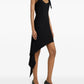 Black sleeveless dress with an asymmetrical hem on a white background