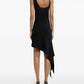Black sleeveless dress with an asymmetrical hem on a white background