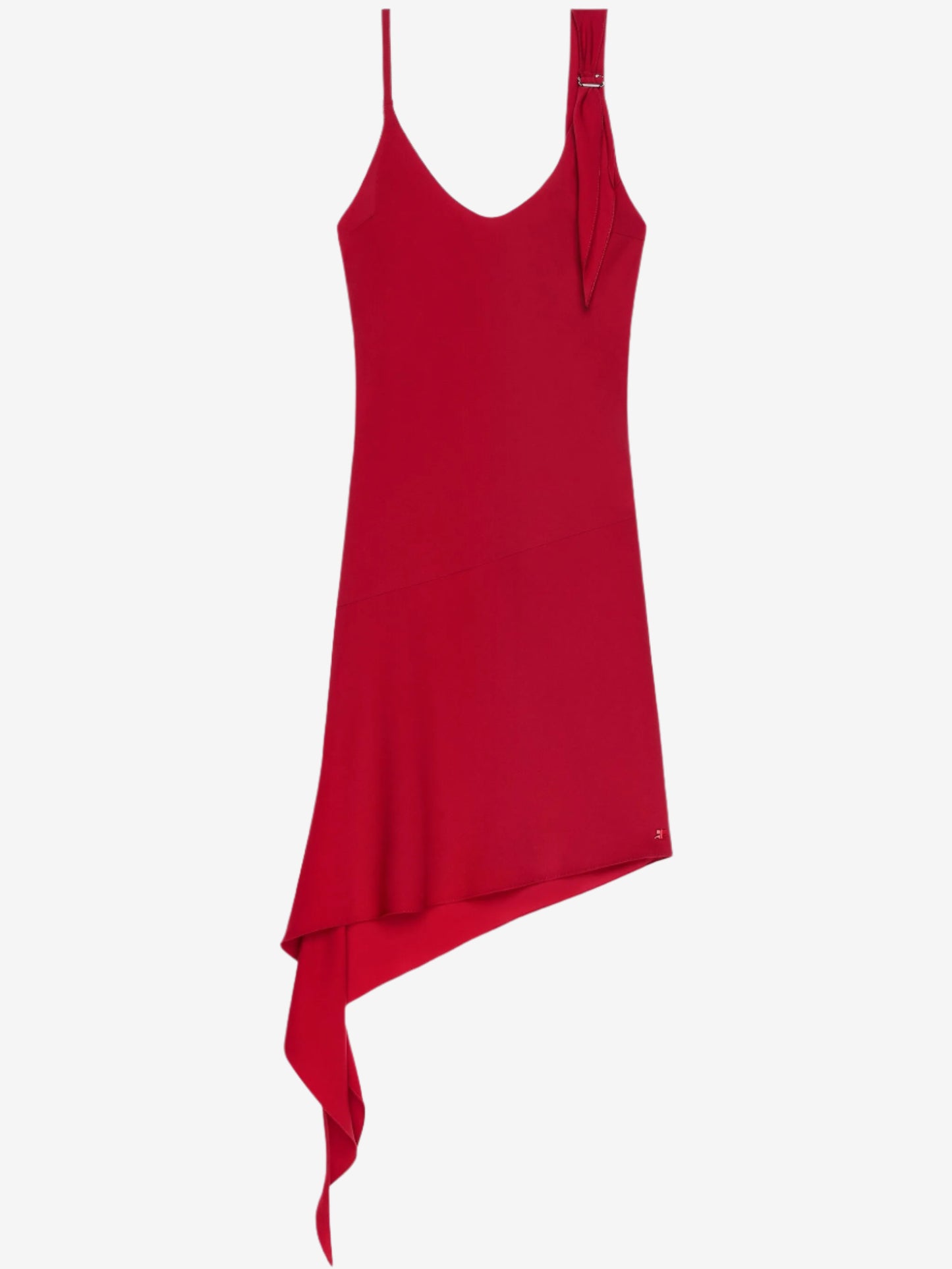 Red dress with an asymmetrical hem on a white background