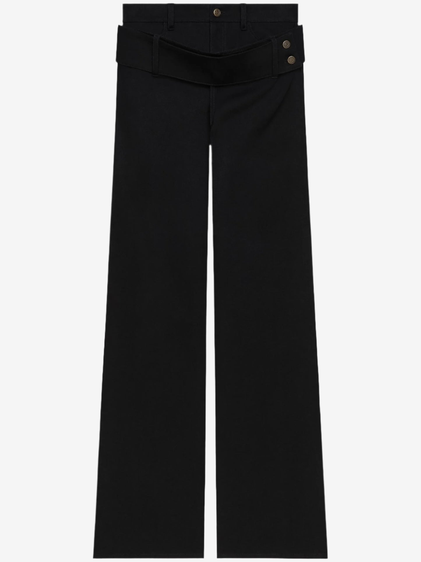 Black pants with button details on a white background