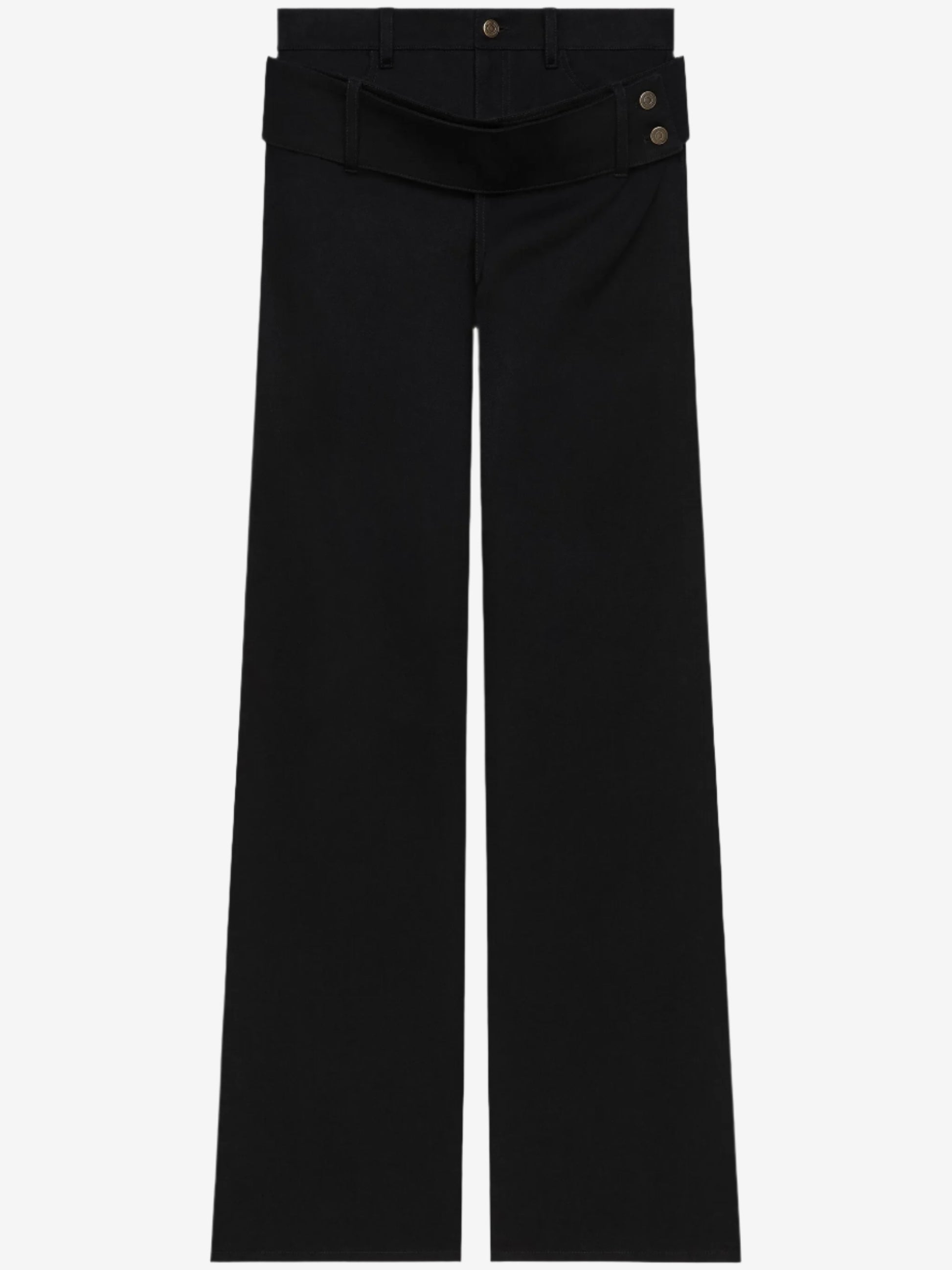 Black pants with button details on a white background