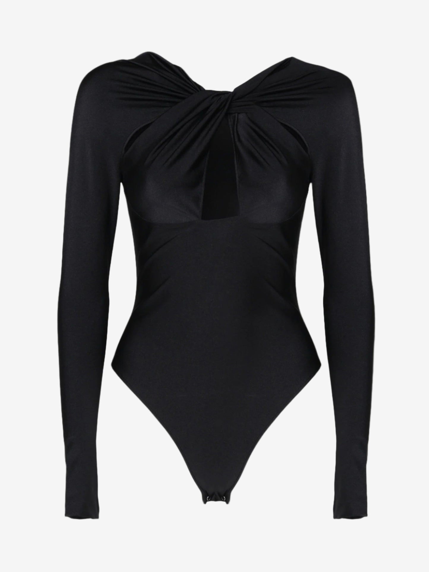 Black bodysuit with long sleeves and a front knot on a white background