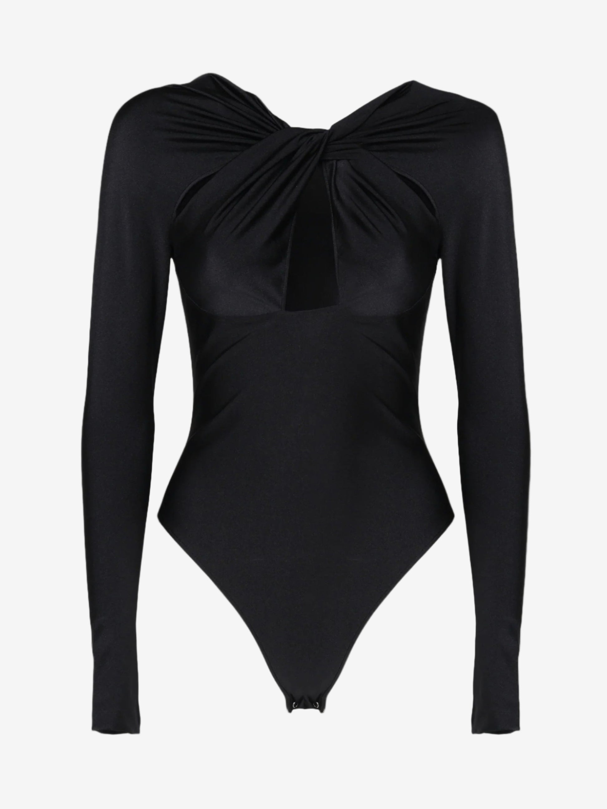 Black bodysuit with long sleeves and a front knot on a white background