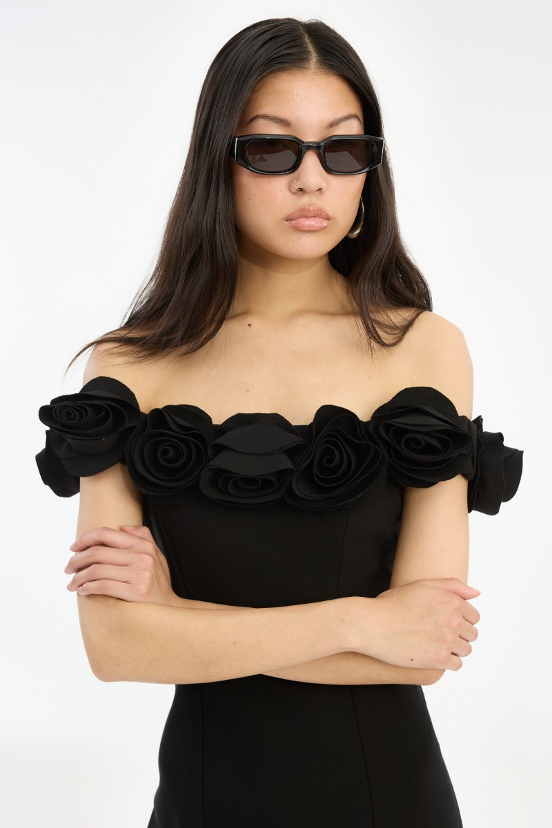 Crepe Midi Flower Dress Black