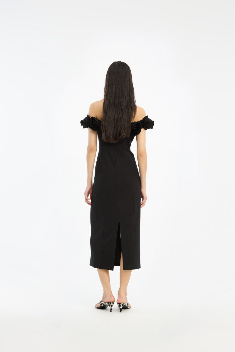 Crepe Midi Flower Dress Black