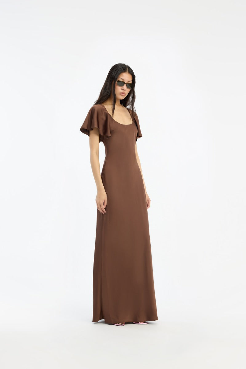 Satin Flowy Sleeve Dress Dark Brown