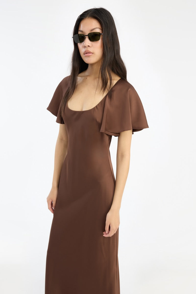 Satin Flowy Sleeve Dress Dark Brown