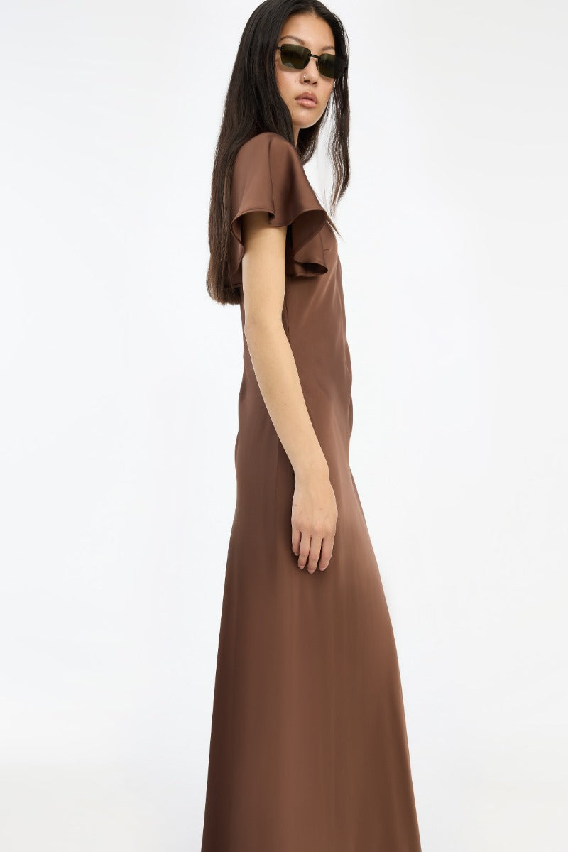 Satin Flowy Sleeve Dress Dark Brown