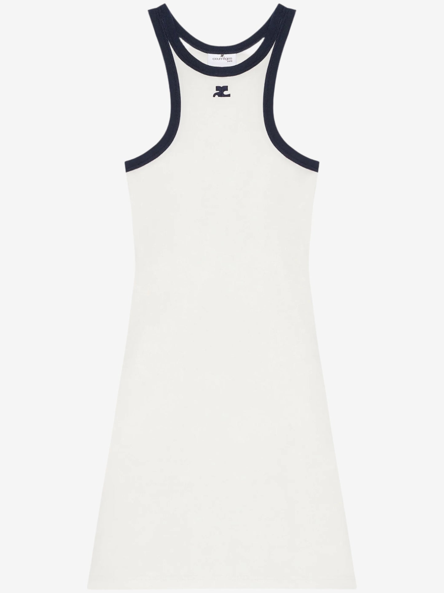 White dress with navy blue trim on a white background