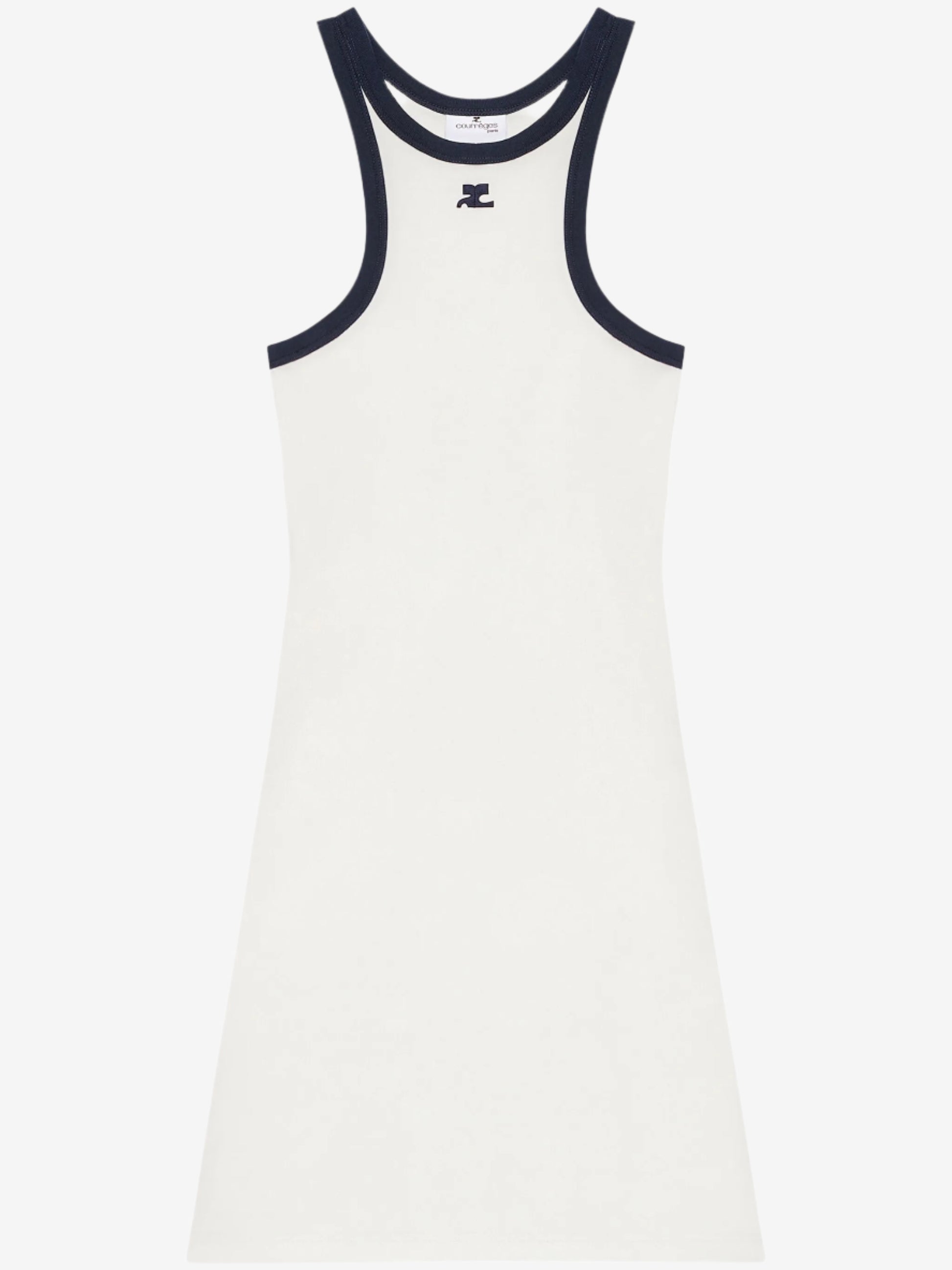 White dress with navy blue trim on a white background