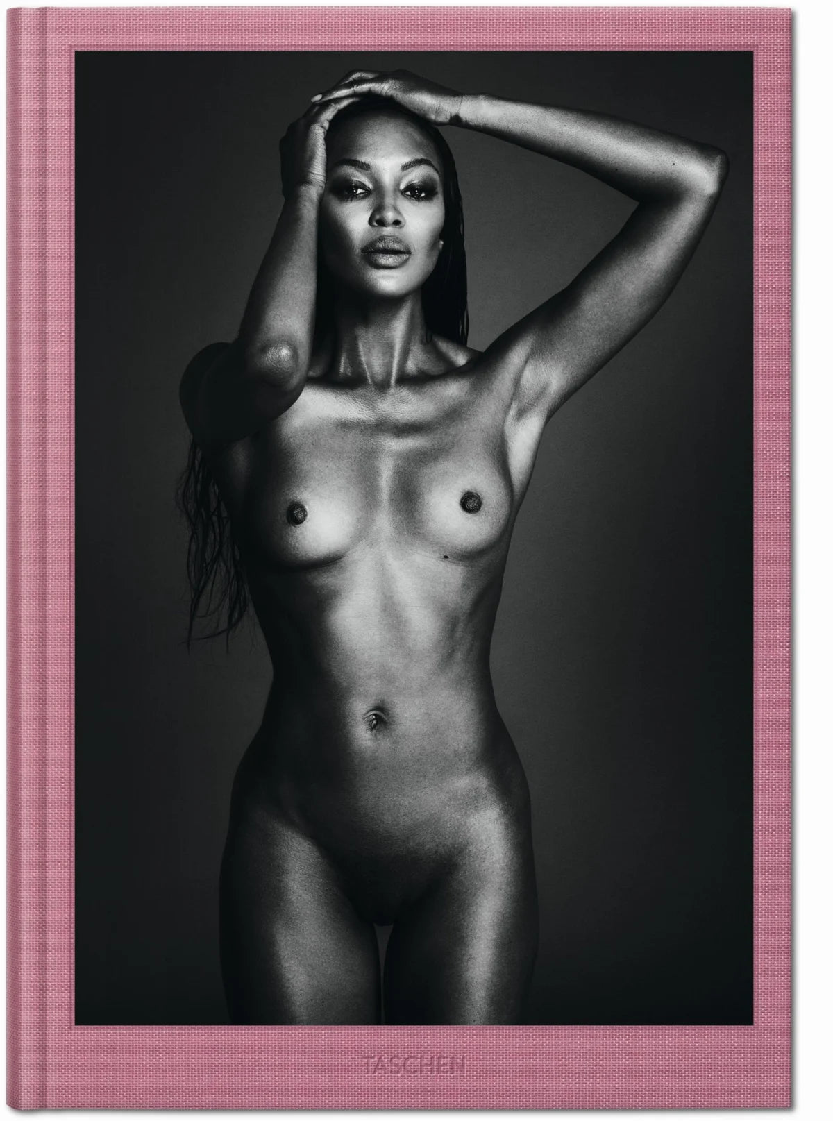 Book cover with a black and white photo of a nude person and pink binding