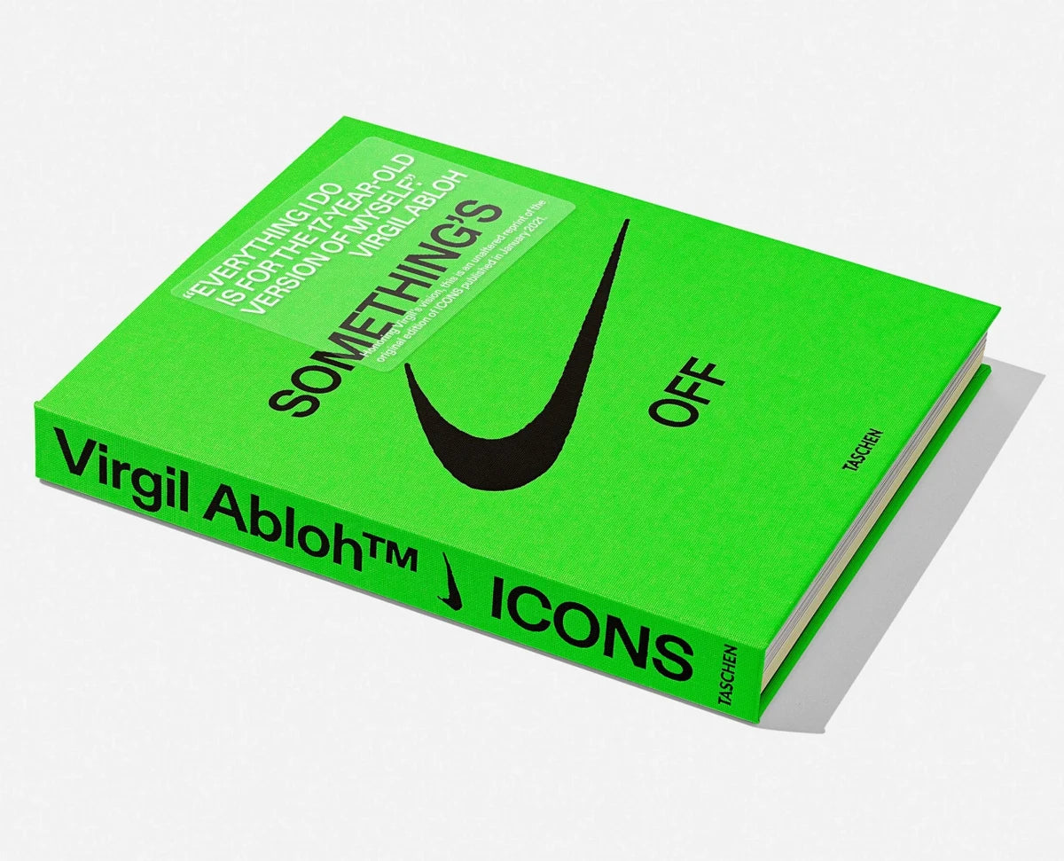 Green book titled 'Icons' by Virgil Abloh on a white background