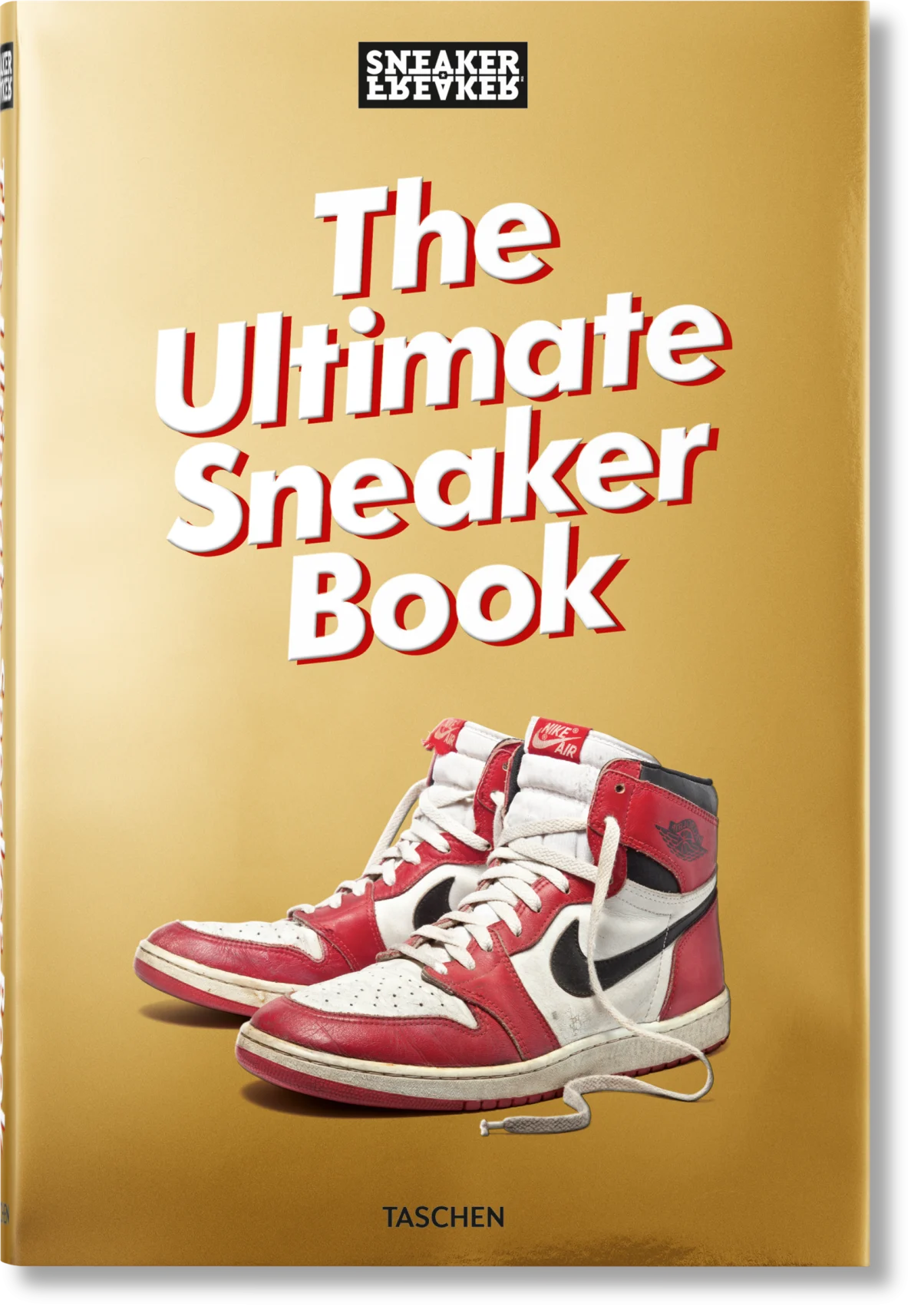 Book titled 'The Ultimate Sneaker Book' with a red and white sneaker on a gold background